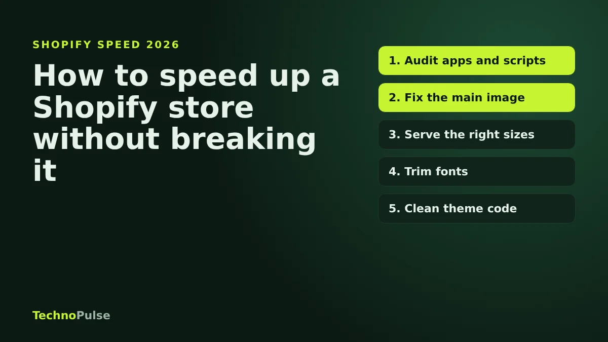 How to speed up a Shopify store: a five step order of fixes covering apps, the main image, image sizes, fonts and theme code