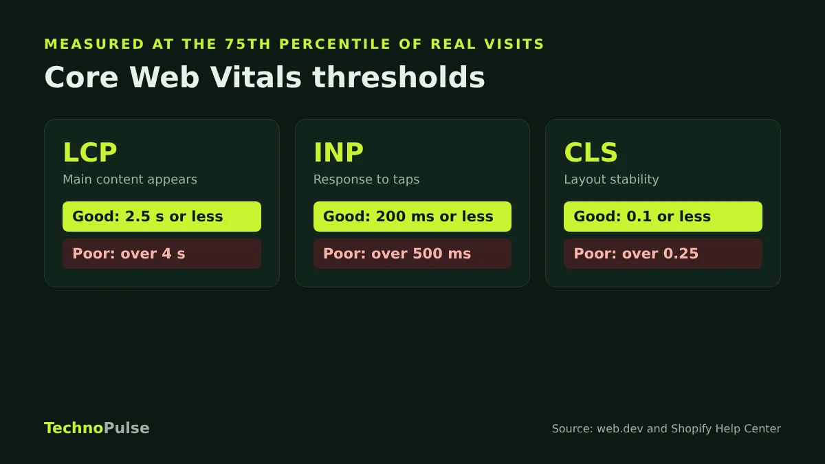 Core Web Vitals thresholds for Shopify stores: LCP good at 2.5 seconds or less, INP good at 200 milliseconds or less, CLS good at 0.1 or less