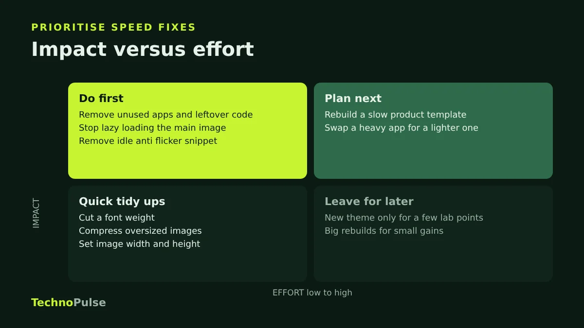 Impact versus effort matrix for Shopify speed fixes, with removing unused apps and fixing the main image as high impact and low effort